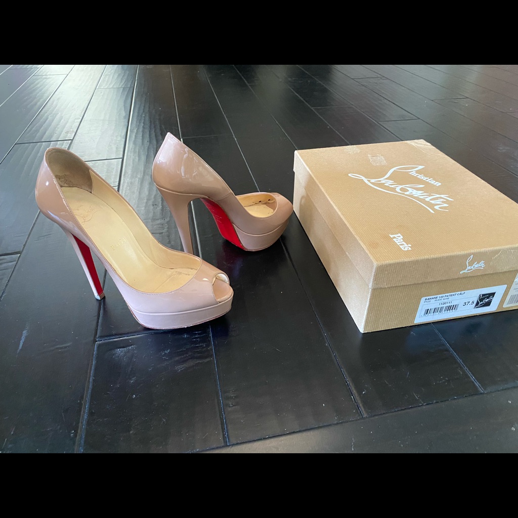 Pair Of Christian Louboutin Banane 140 Patent In Nude.